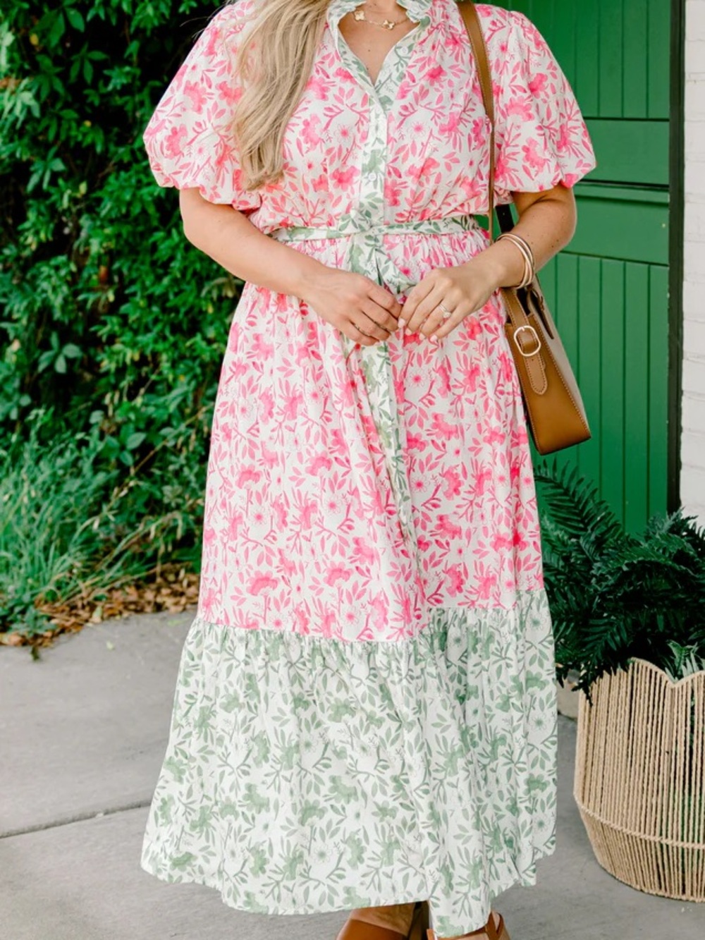 Chic Soul Pink Floral Midi Dress with Green Trim - 2X